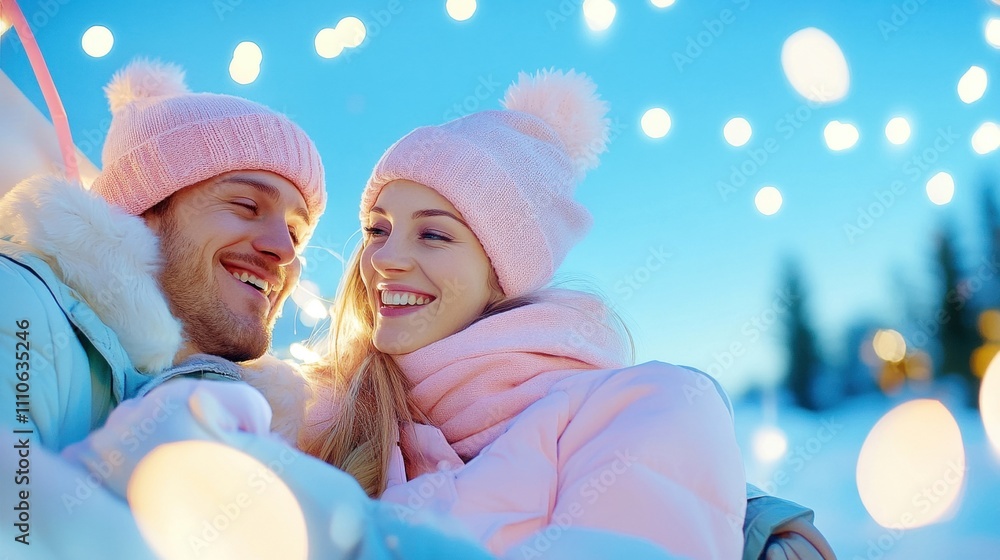 Couple enjoying a joyful moment in the snowy landscape, dressed in stylish winter attire with soft pastel colors. Couple enjoying a joyful moment in the snowy landscape, dressed in stylish winter attire with soft pastel colors.