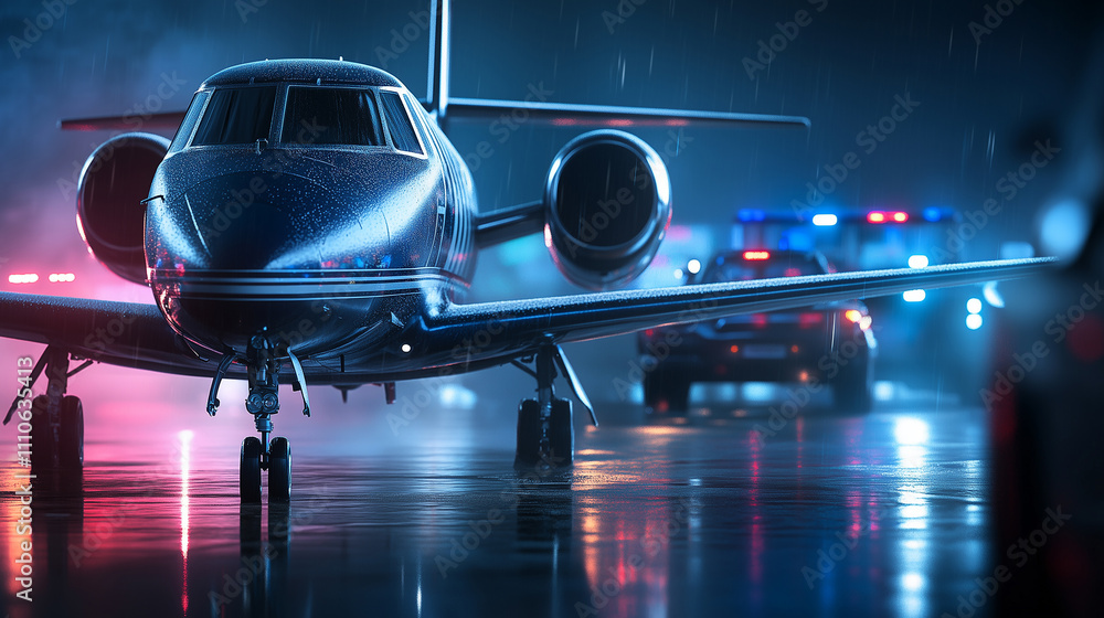 Fototapeta premium Aircraft taxiing on runway with police vehicles nearby, symbolizing security and readiness for takeoff in aviation operations.