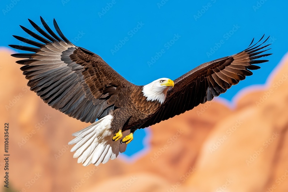Obraz premium A majestic eagle soaring over a mountain range, with its wings fully spread against a clear blue sky