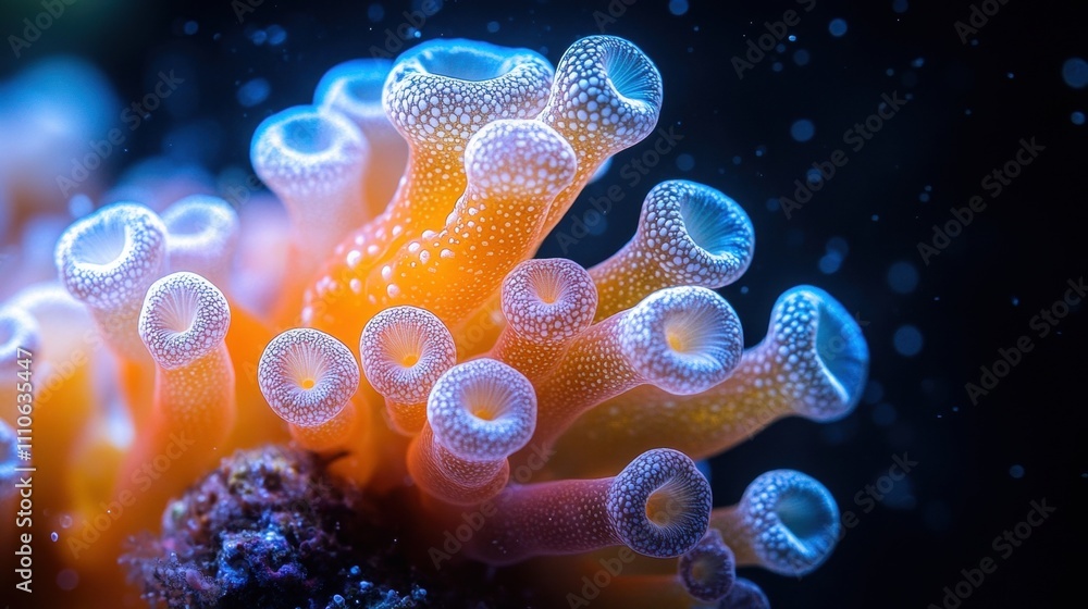 An exquisite close-up view captures the vibrant colors and intricate textures of coral polyps underwater, showcasing the delicate beauty of marine life An exquisite close-up view captures the vibrant colors and intricate textures of coral polyps underwater, showcasing the delicate beauty of marine life