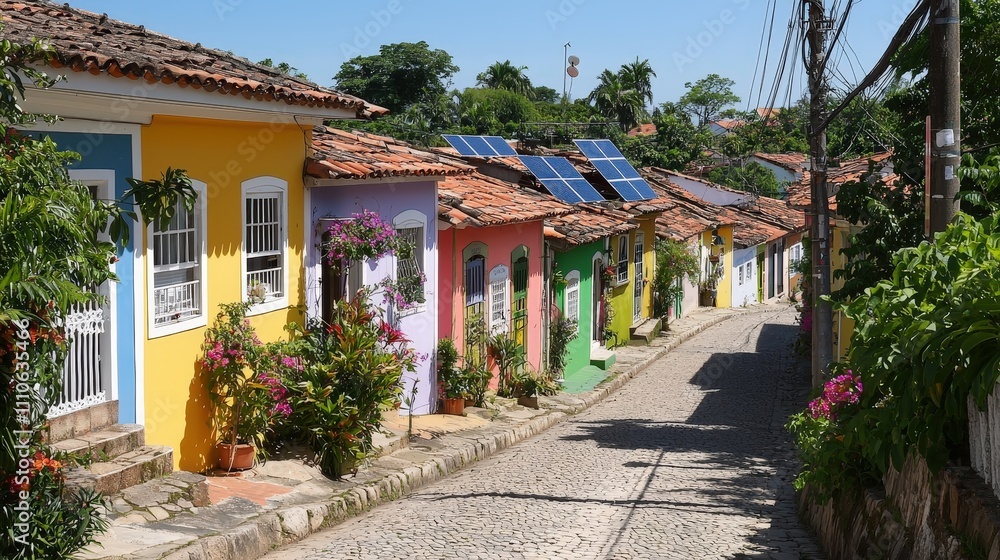 Fototapeta premium Vibrant Street in Brazil Showcasing Colorful Houses Amidst Lush Greenery and Bright Blue Sky, Perfect for Travel and Culture Themes
