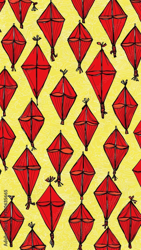 Fototapeta premium Red Kite pattern hand drawn design on Yellow background illustration