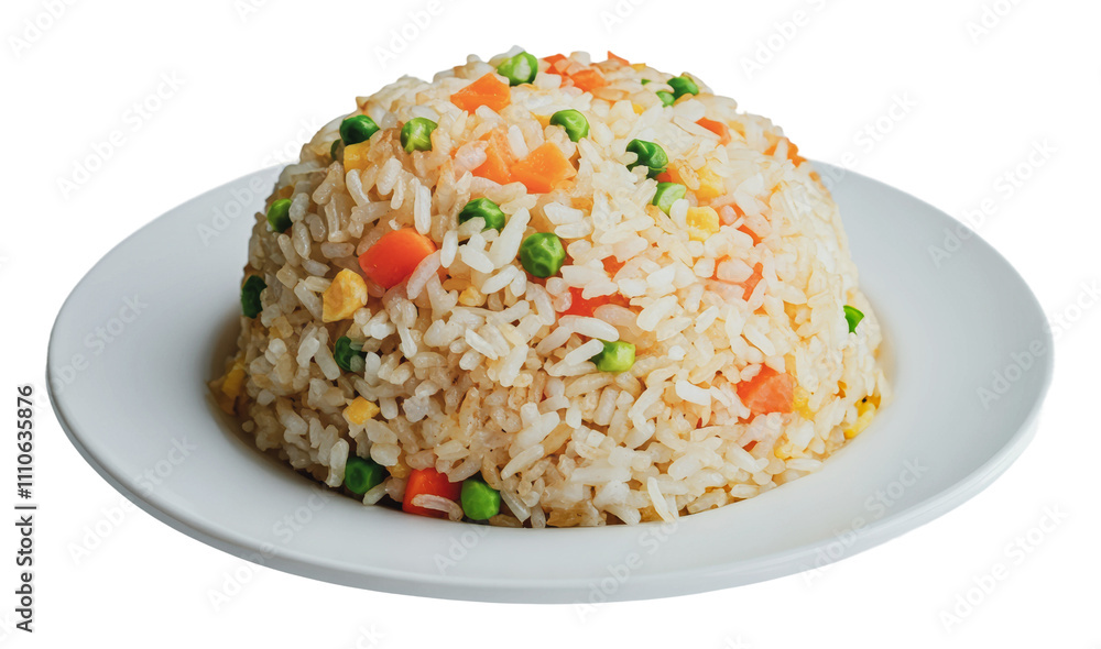 Colorful vegetable fried rice served on a plate, cut out - stock png. Colorful vegetable fried rice served on a plate, cut out - stock png.