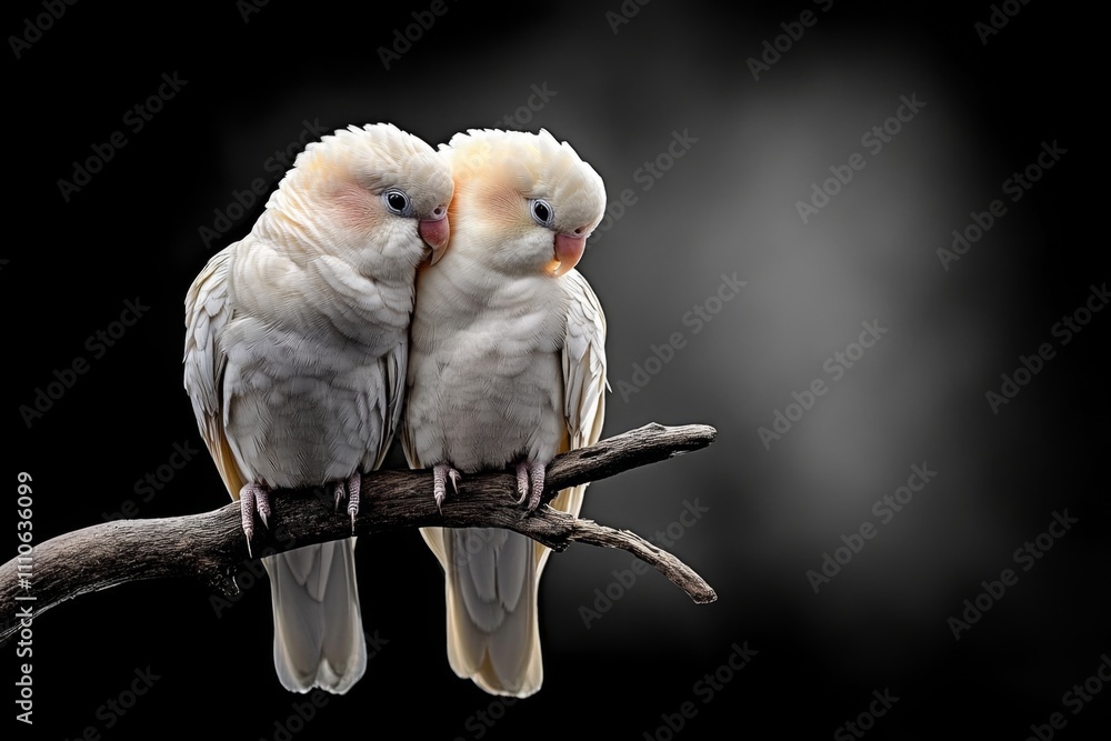 A pair of lovebirds snuggled close on a branch, their vibrant plumage glowing in the soft light
