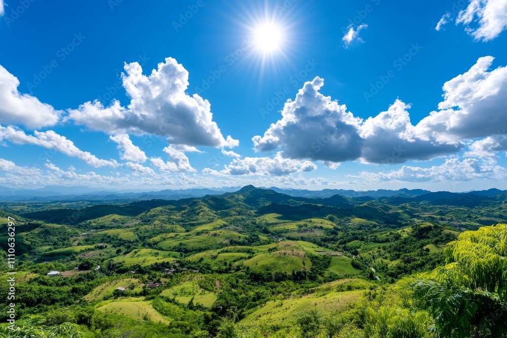 A panoramic view of layered clouds over a rural landscape, with patches of sunlight breaking through A panoramic view of layered clouds over a rural landscape, with patches of sunlight breaking through