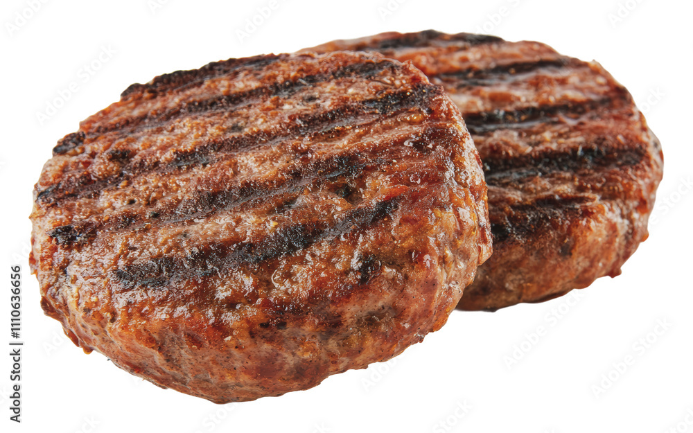Grilled beef patties ready for a delicious meal, cut out - stock png. Grilled beef patties ready for a delicious meal, cut out - stock png.