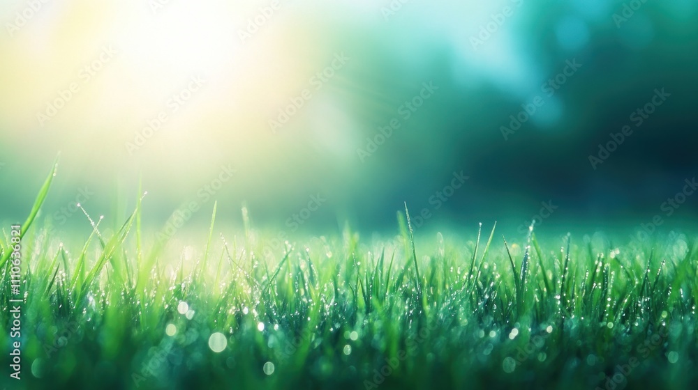Obraz premium Morning dew on lush grass nature's beauty macro serene environment close-up view freshness concept for seo impact