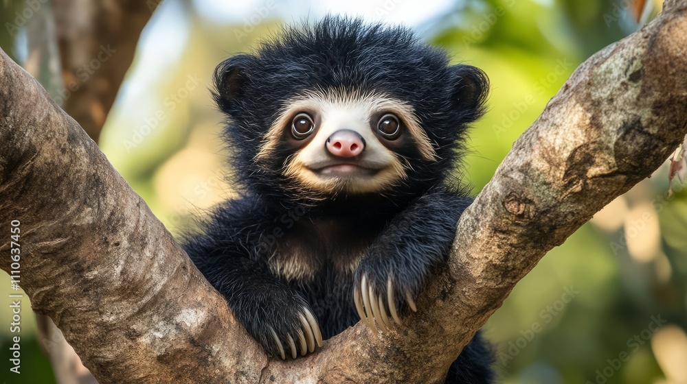 Naklejka premium Adorable Sloth Bear: A sloth bear cub with a sweet face, sitting in a tree with a playful expression.