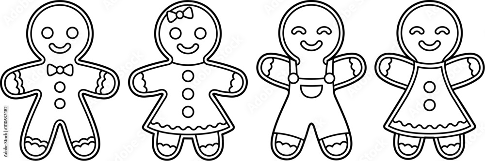 Set of cute cartoon gingerbread man and woman cookies. Black and white line icons, outline drawing for coloring. Christmas vector illustration.