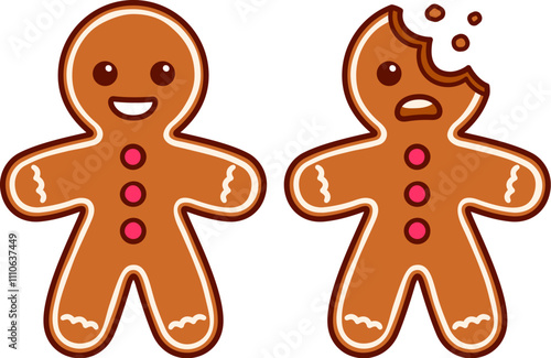 Cartoon gingerbread man drawing, whole and with head bite. Funny Christmas cookie vector illustration.