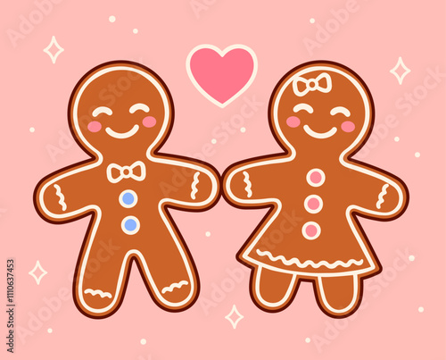 Cute cartoon gingerbread man and woman couple in love. Funny Christmas cookie vector illustration.