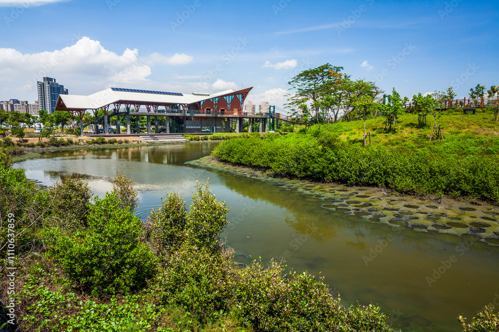Obraz premium Beautiful view of the Zhongdu Wetlands Park in Kaohsiung, Taiwan. The park is located along the Love River in Kaohsiung.
