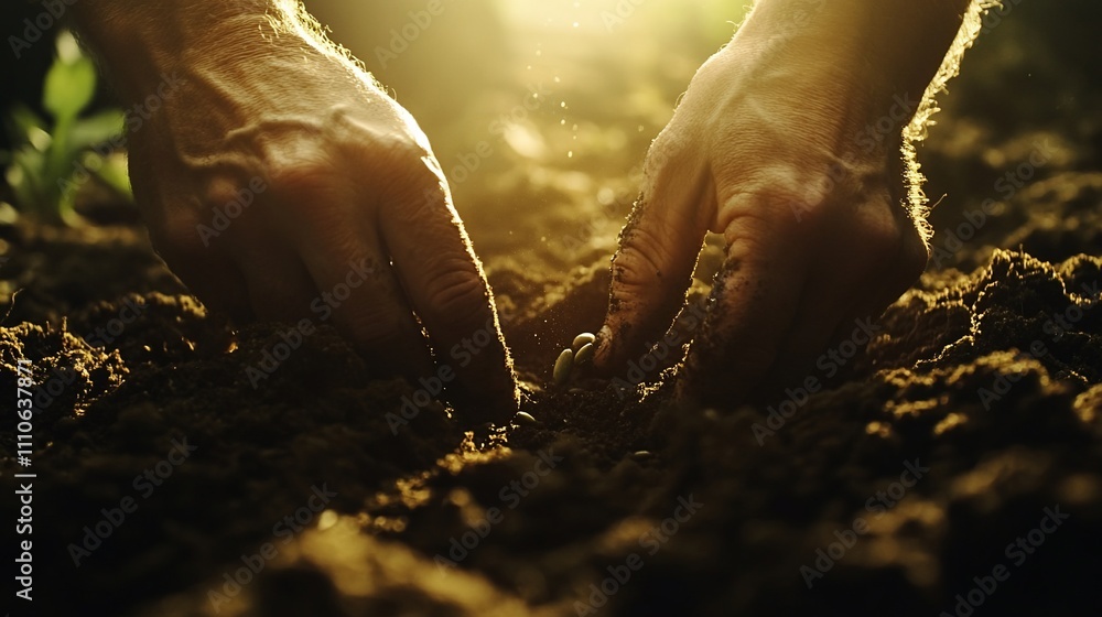 Hands planting seeds in rich soil at sunset. Hands planting seeds in rich soil at sunset.