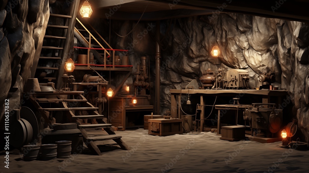 Mining tools for coal extraction, ambient light, space on the left,generative ai illustration Mining tools for coal extraction, ambient light, space on the left,generative ai illustration