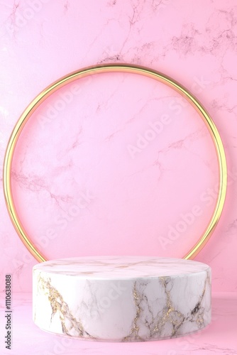 marble podium and a golden arch in a pink color background