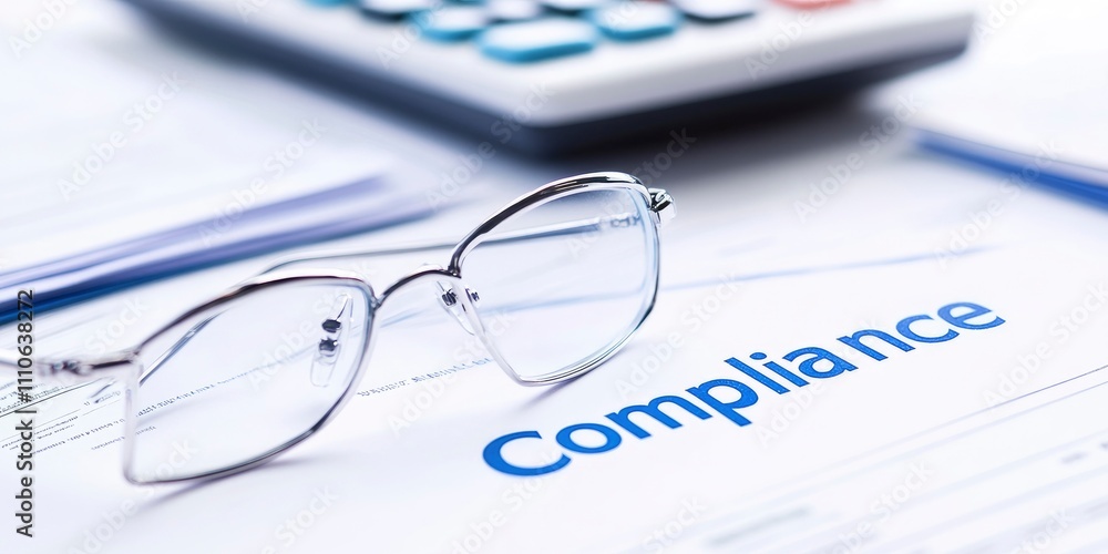 An office desk with the word Compliance written on paper, featuring elements like glasses, pen and culculator An office desk with the word Compliance written on paper, featuring elements like glasses, pen and culculator