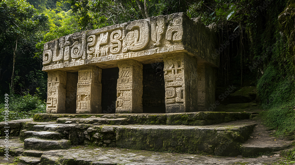 Fototapeta premium Ancient Mayan stone structure nestled in lush jungle, intricate carvings adorn the facade. Explore the mysteries of the past.