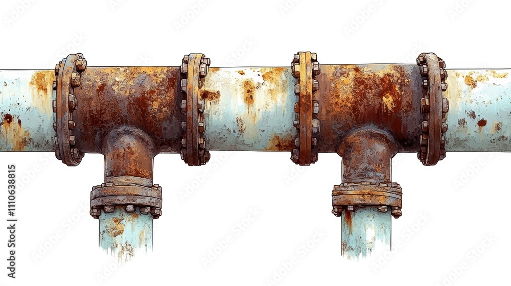 Rusty industrial pipe with flanges, white isolate background Rusty industrial pipe with flanges, white isolate background