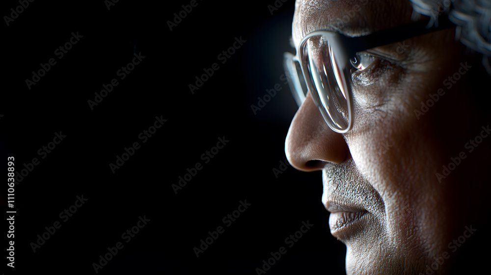 Close-up profile of elderly man wearing glasses against a dark background with thoughtful expression and dramatic lighting Close-up profile of elderly man wearing glasses against a dark background with thoughtful expression and dramatic lighting