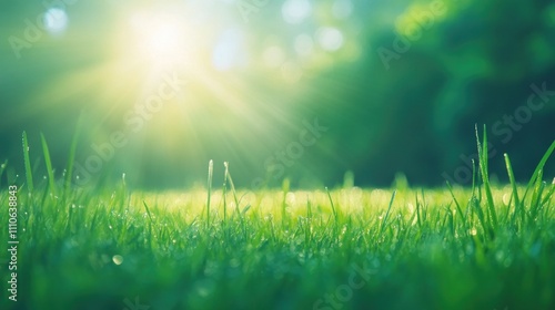 Morning sunlight illuminates dewy grass in tranquil nature scene outdoor green environment calm