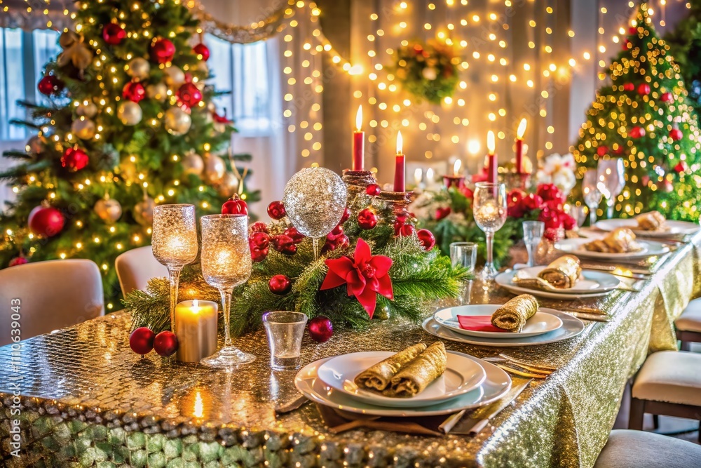 Captivating Double Exposure Photography of a Festive Dining Table with a Sequined Christmas Tablecloth, Evoking Warm Holiday Spirit and Elegant Table Setting Captivating Double Exposure Photography of a Festive Dining Table with a Sequined Christmas Tablecloth, Evoking Warm Holiday Spirit and Elegant Table Setting