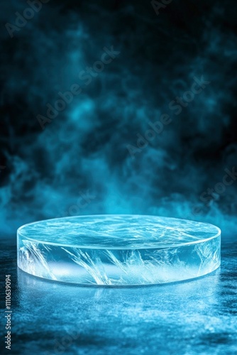 A round glass podium made of ice on dark blue background