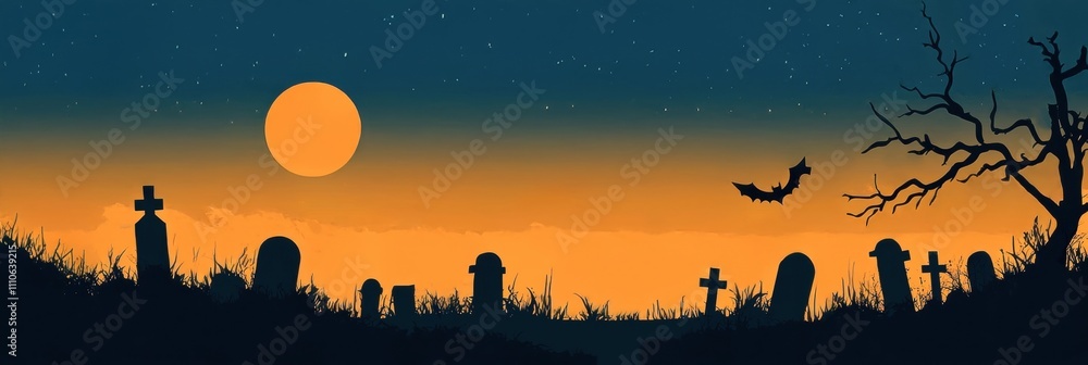 Haunting graveyard under a full moon with silhouetted trees, epitomizing a spooky atmosphere. Haunting graveyard under a full moon with silhouetted trees, epitomizing a spooky atmosphere.