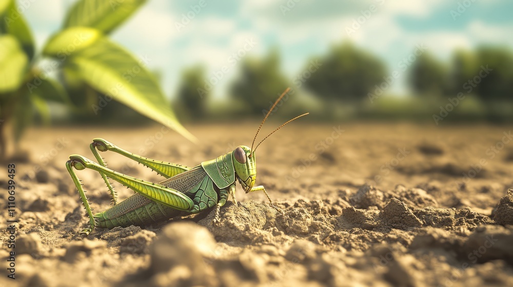 Grasshopper resting on dry soil, minimal tree line background Grasshopper resting on dry soil, minimal tree line background