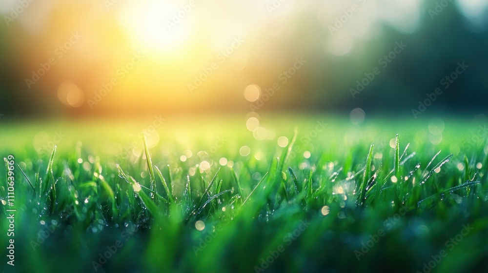 Obraz premium Morning dew on lush grass backyard nature tranquil environment close-up serenity and renewal