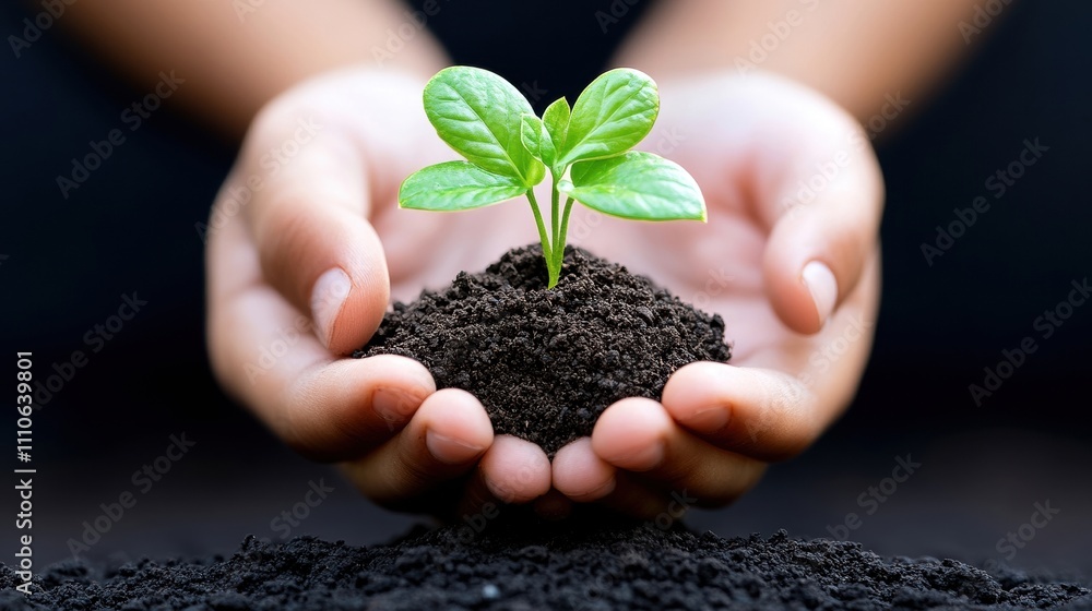 Hands nurturing a small green plant with soil, symbolizing growth and care. Hands nurturing a small green plant with soil, symbolizing growth and care.