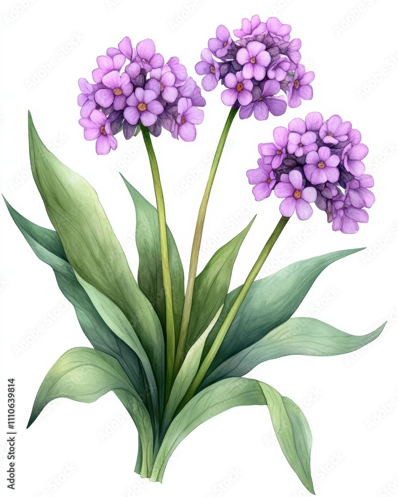 Delicate Purple Flowers Blooming Amidst Vibrant Green Leaves in a Hand Drawn Botanical Illustration Delicate Purple Flowers Blooming Amidst Vibrant Green Leaves in a Hand Drawn Botanical Illustration