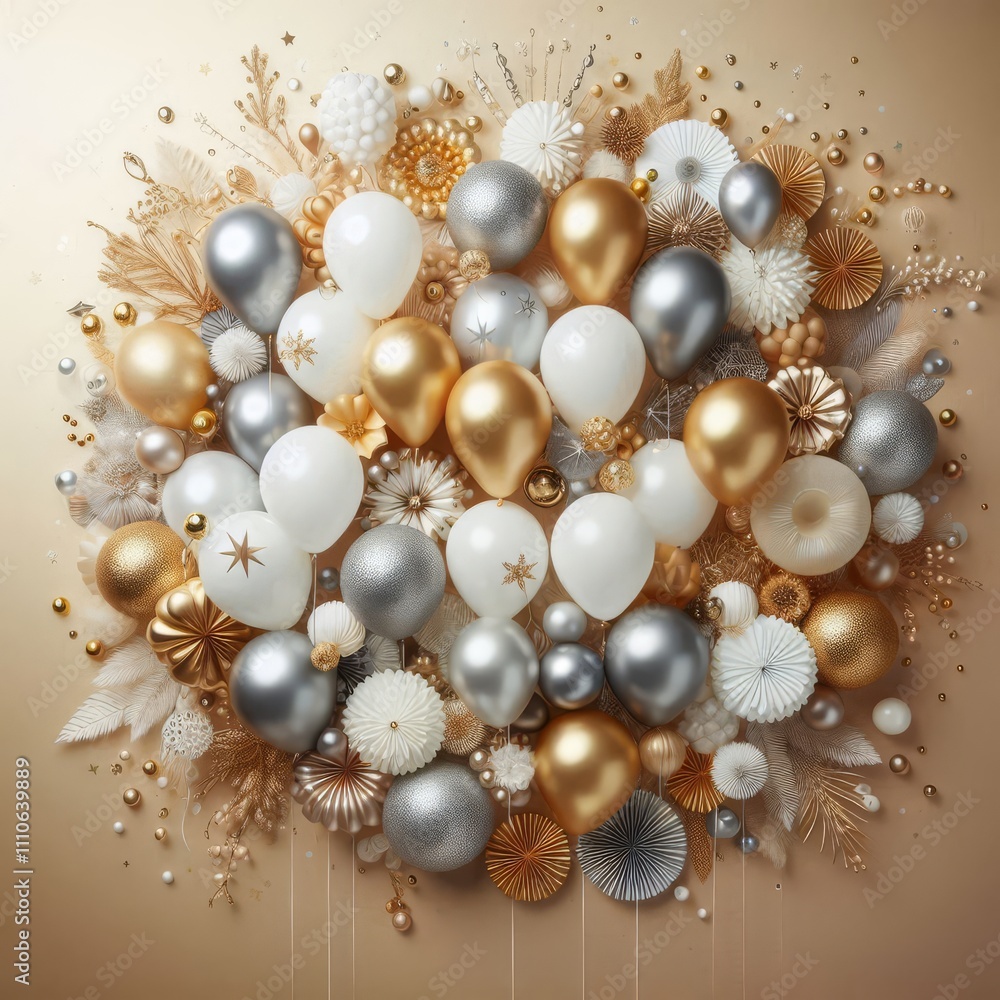 Festive and elegant layout with a collection of gold, silver, and white balloons clustered at the top
Festive and elegant layout with a collection of gold, silver, and white balloons clustered at the top