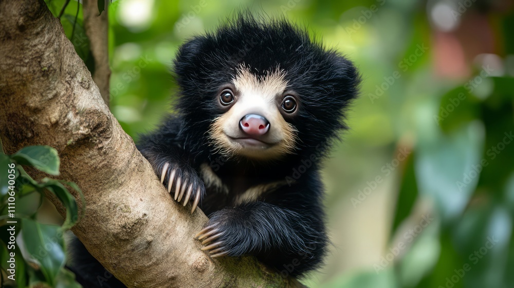Obraz premium Adorable Sloth Bear: A sloth bear cub with a sweet face, sitting in a tree with a playful expression