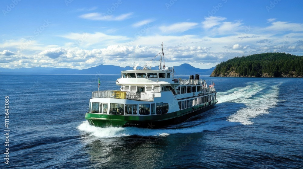The green and white ferry glides through the vast, open blue waters against a backdrop of lush, forested islands and a sky filled with fluffy clouds. The green and white ferry glides through the vast, open blue waters against a backdrop of lush, forested islands and a sky filled with fluffy clouds.