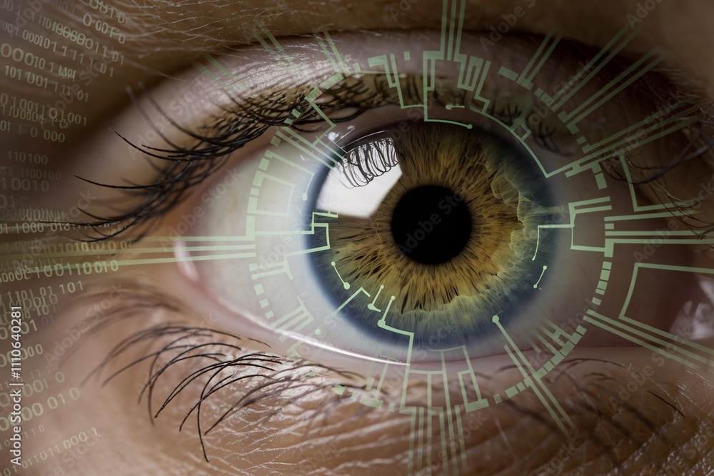 Digital Eye: Close-up of a human eye overlaid with futuristic circuit ...