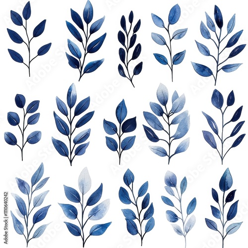 Collection of blue watercolor leaves on a white isolated background.