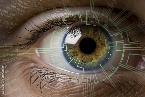 Digital Eye: Close-up of a human eye overlaid with futuristic circuit patterns, symbolizing technological integration, data processing, and the convergence of humanity and artificial intelligence.   photo