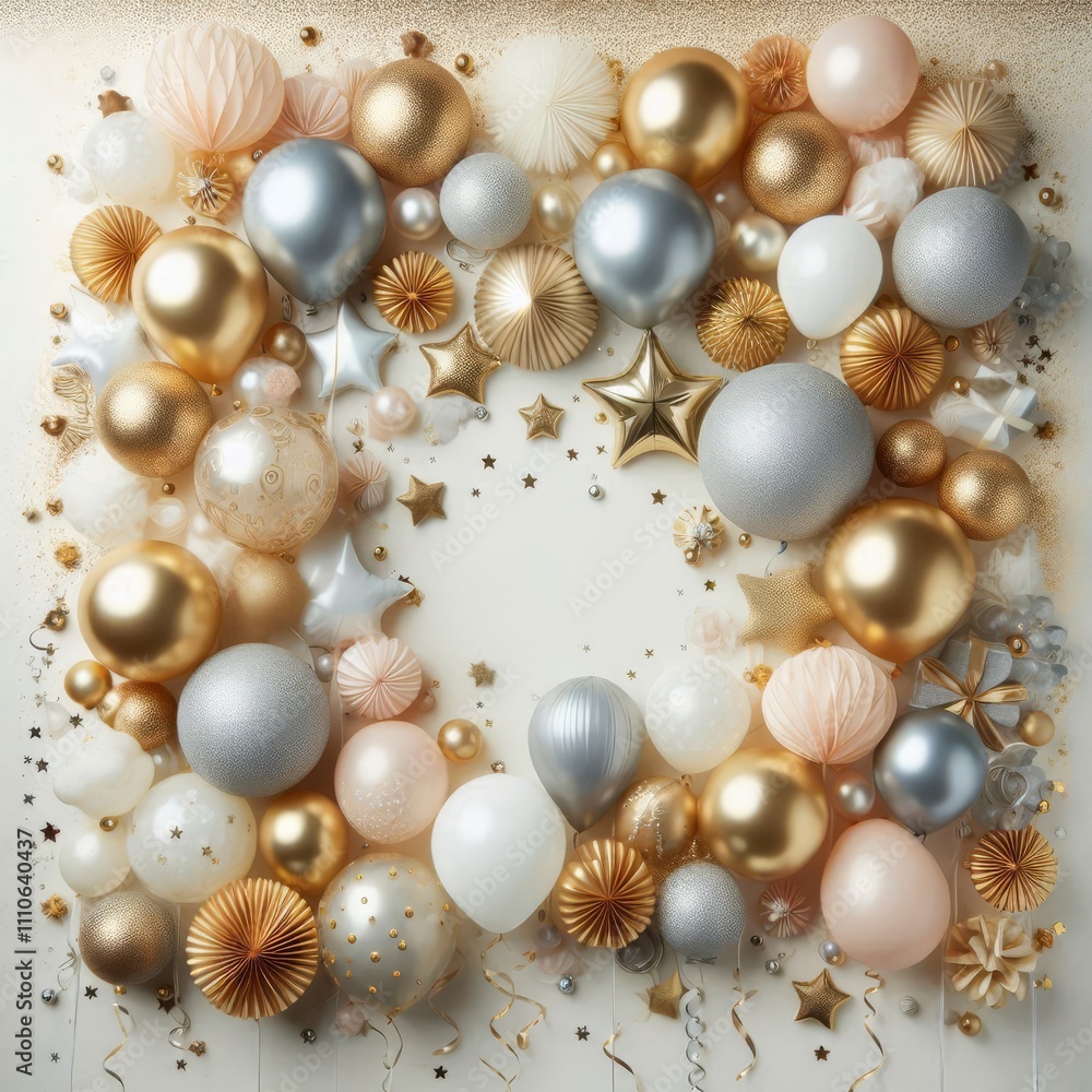 Festive and elegant layout with a collection of gold, silver, and white balloons clustered at the top
Festive and elegant layout with a collection of gold, silver, and white balloons clustered at the top