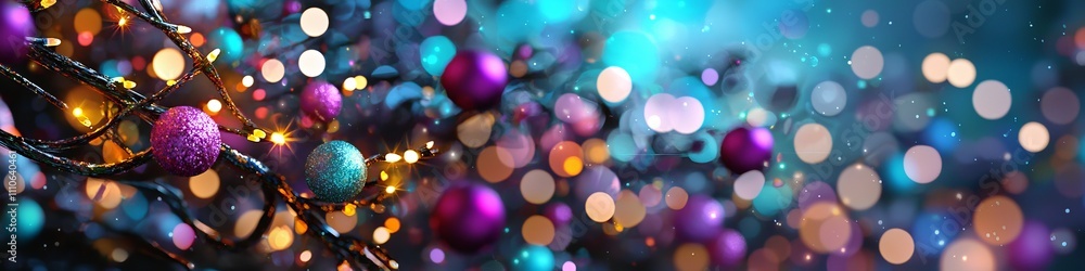 A vibrant holiday scene featuring sparkling ornaments and twinkling lights on a tree branch. A vibrant holiday scene featuring sparkling ornaments and twinkling lights on a tree branch.