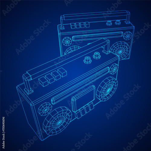 Retro Boombox outdated portable cassette tape recorder. Wireframe low poly mesh vector illustration.