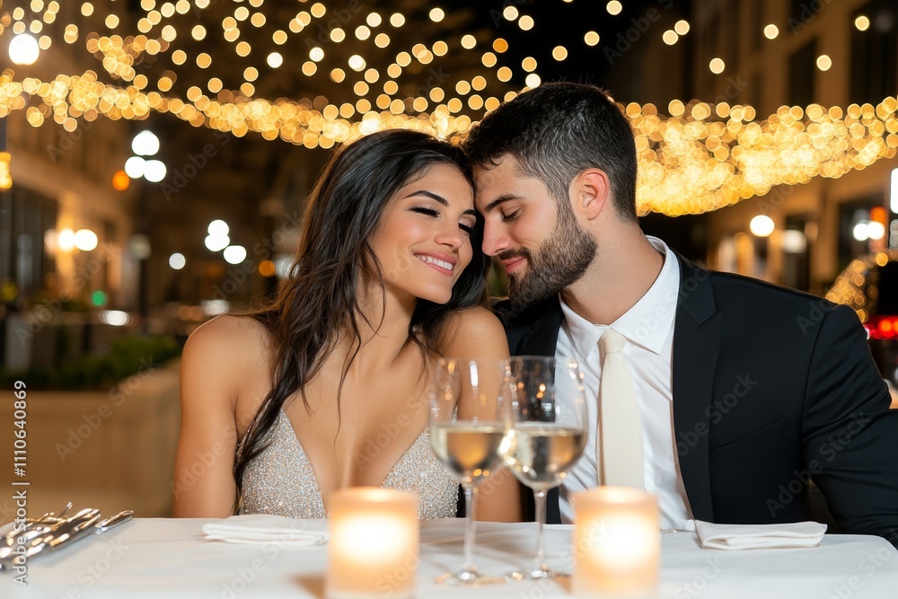A vibrant image of a couple enjoying a candlelit dinner at an elegant restaurant, surrounded by soft, romantic lighting A vibrant image of a couple enjoying a candlelit dinner at an elegant restaurant, surrounded by soft, romantic lighting