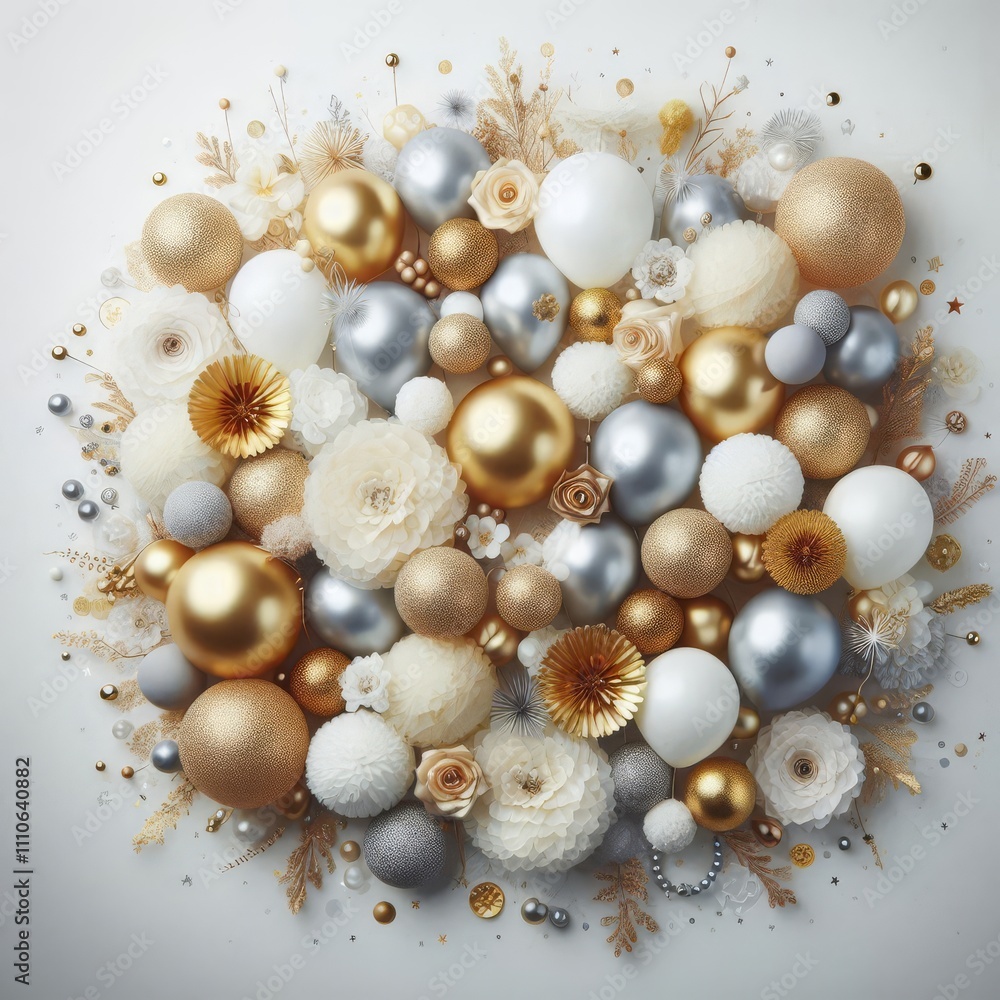 Festive and elegant layout with a collection of gold, silver, and white balloons clustered at the top
Festive and elegant layout with a collection of gold, silver, and white balloons clustered at the top