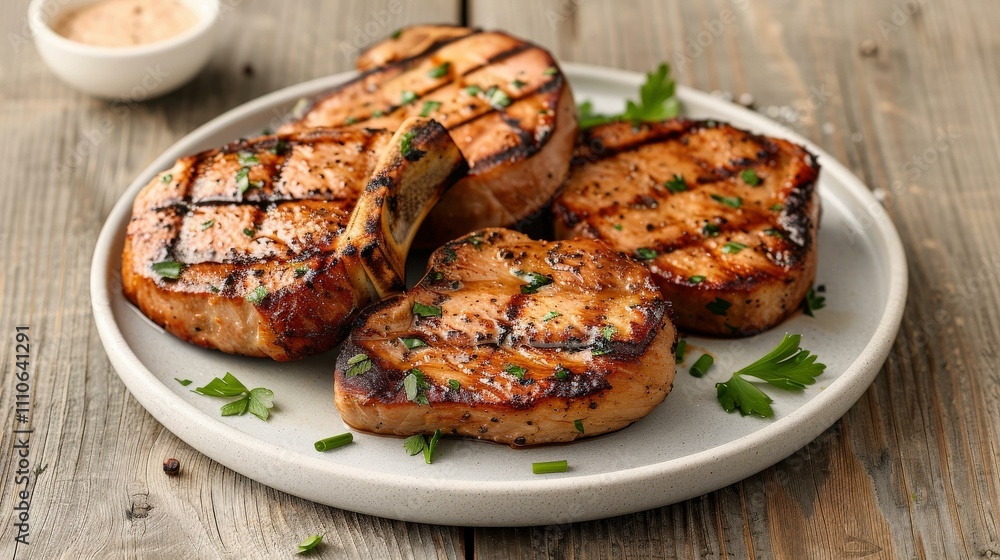 Grilled Pork Chops with apple sauce in Rustic farmhouse table, Meat photography Grilled Pork Chops with apple sauce in Rustic farmhouse table, Meat photography