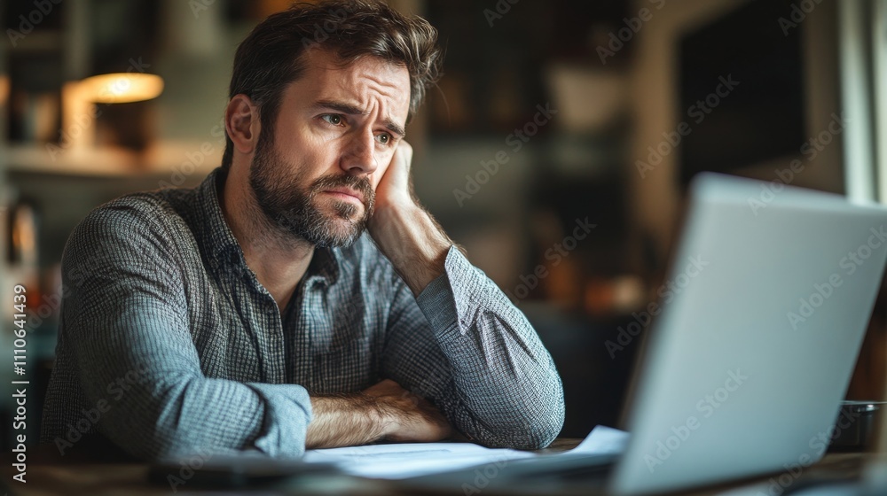 Man looks concerned while working on laptop Man looks concerned while working on laptop