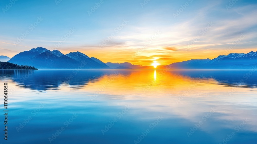 Fototapeta premium Stunning sunset over tranquil lake with mountains, reflecting vibrant colors on the calm water surface.