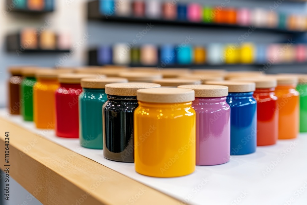 A wide shot of a printing studio featuring CMYK swatches prominently displayed on a colorful wall A wide shot of a printing studio featuring CMYK swatches prominently displayed on a colorful wall