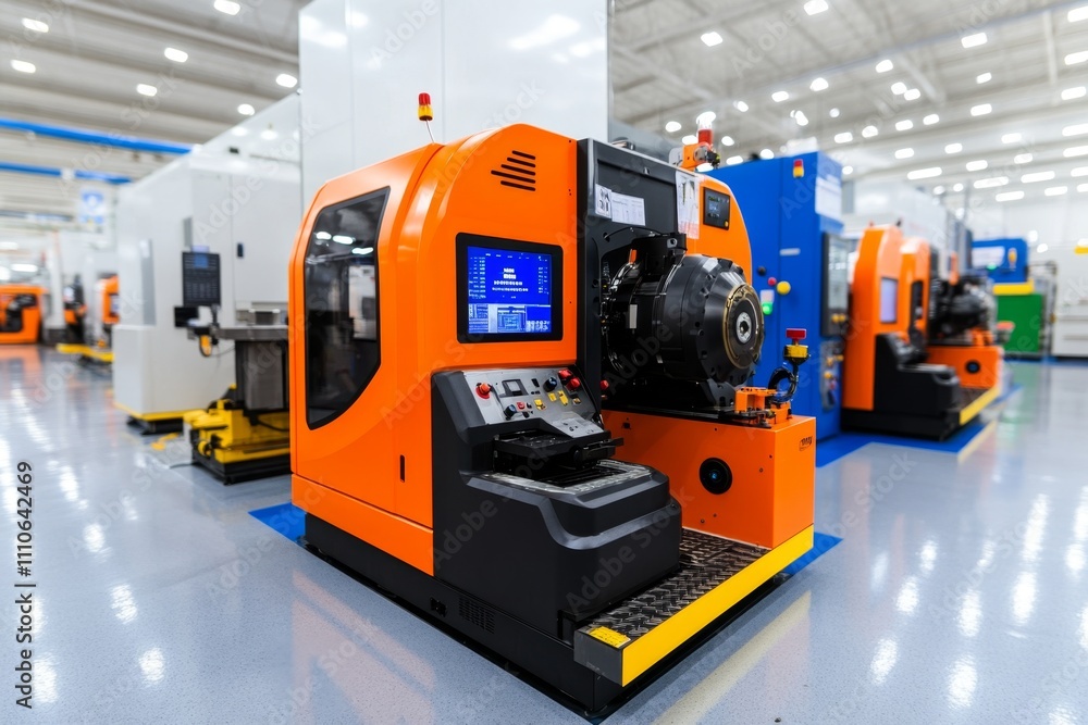 A wide-angle view of a clean and modern CNC workshop, showcasing multiple machines in operation A wide-angle view of a clean and modern CNC workshop, showcasing multiple machines in operation