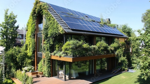 Eco-friendly house with solar panels and green wall.