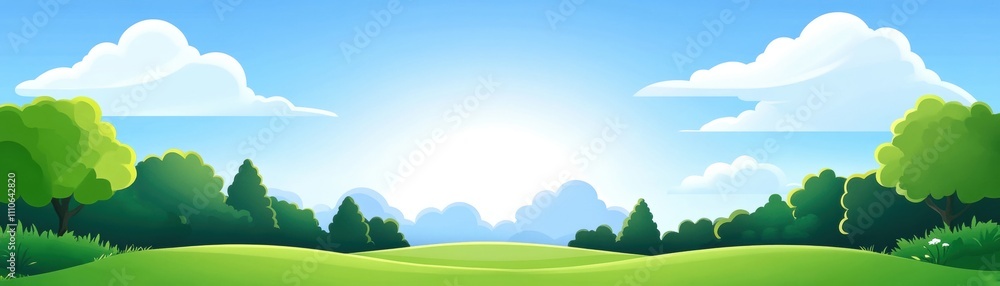 Vibrant landscape with lush green fields under a bright blue sky filled with fluffy clouds. Vibrant landscape with lush green fields under a bright blue sky filled with fluffy clouds.