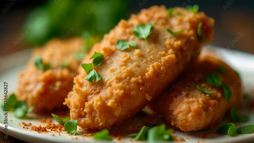 An Artful Presentation of Juicy Fried Chicken Captured in Close-up An Artful Presentation of Juicy Fried Chicken Captured in Close-up